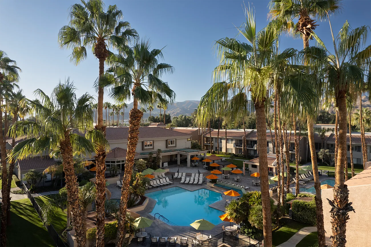A pool area at Hyatt Vacation Club® at Desert Oasis surrounded by tall palm trees and resort buildings.