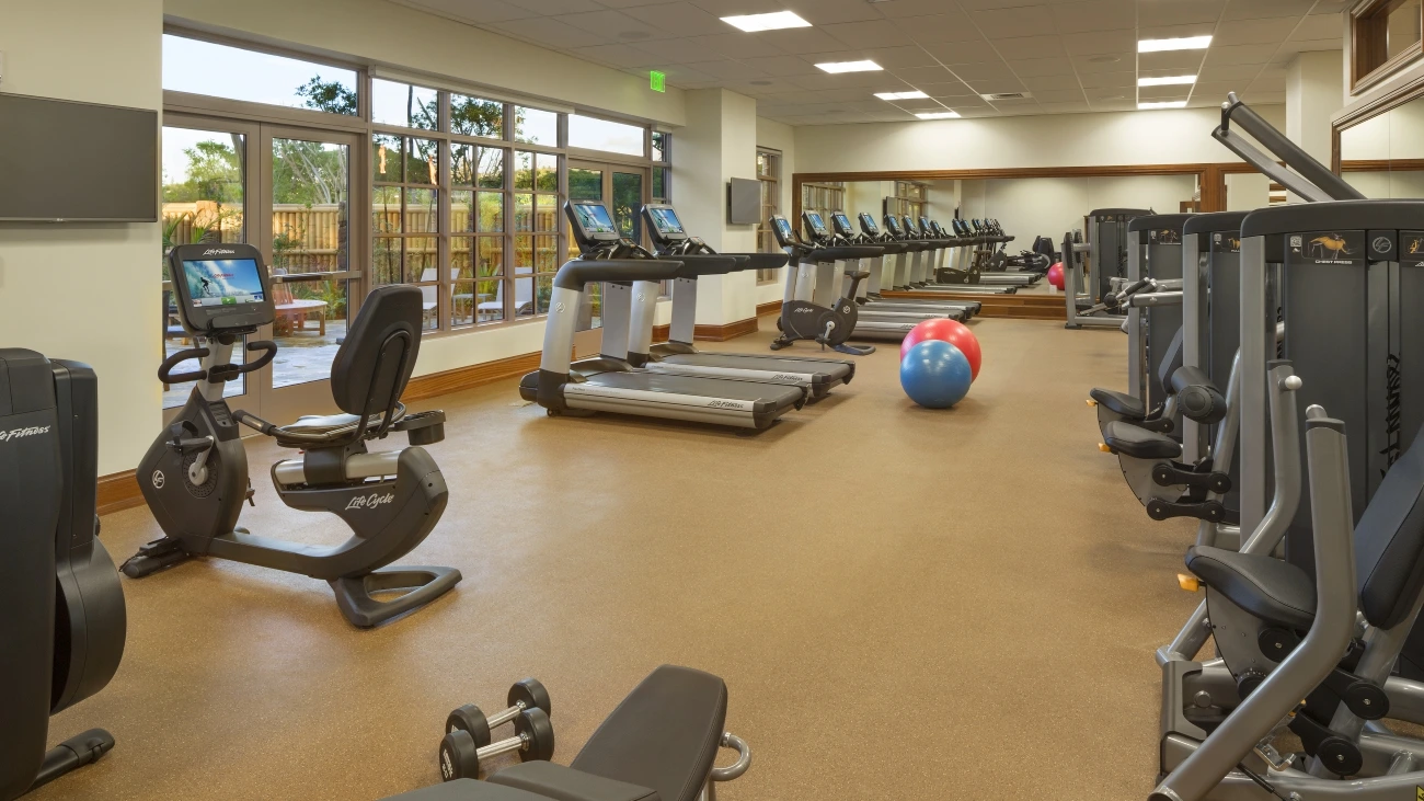 Fully equipped fitness center with exercise bikes, treadmills, and yoga balls