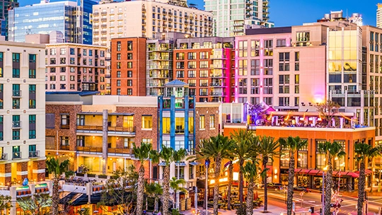 Rows of festively colored downtown buildings